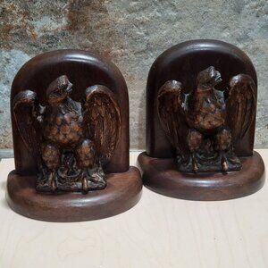 Vintage Pair Wooden Bald Eagle Bookends